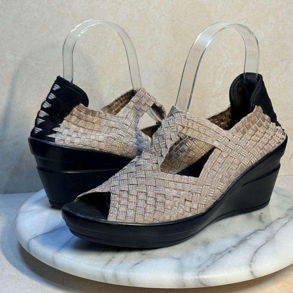 Bernie Mev Lulia Bronze Woven Elastic Wedge Sandals Women 38 Peep Toe Platform
